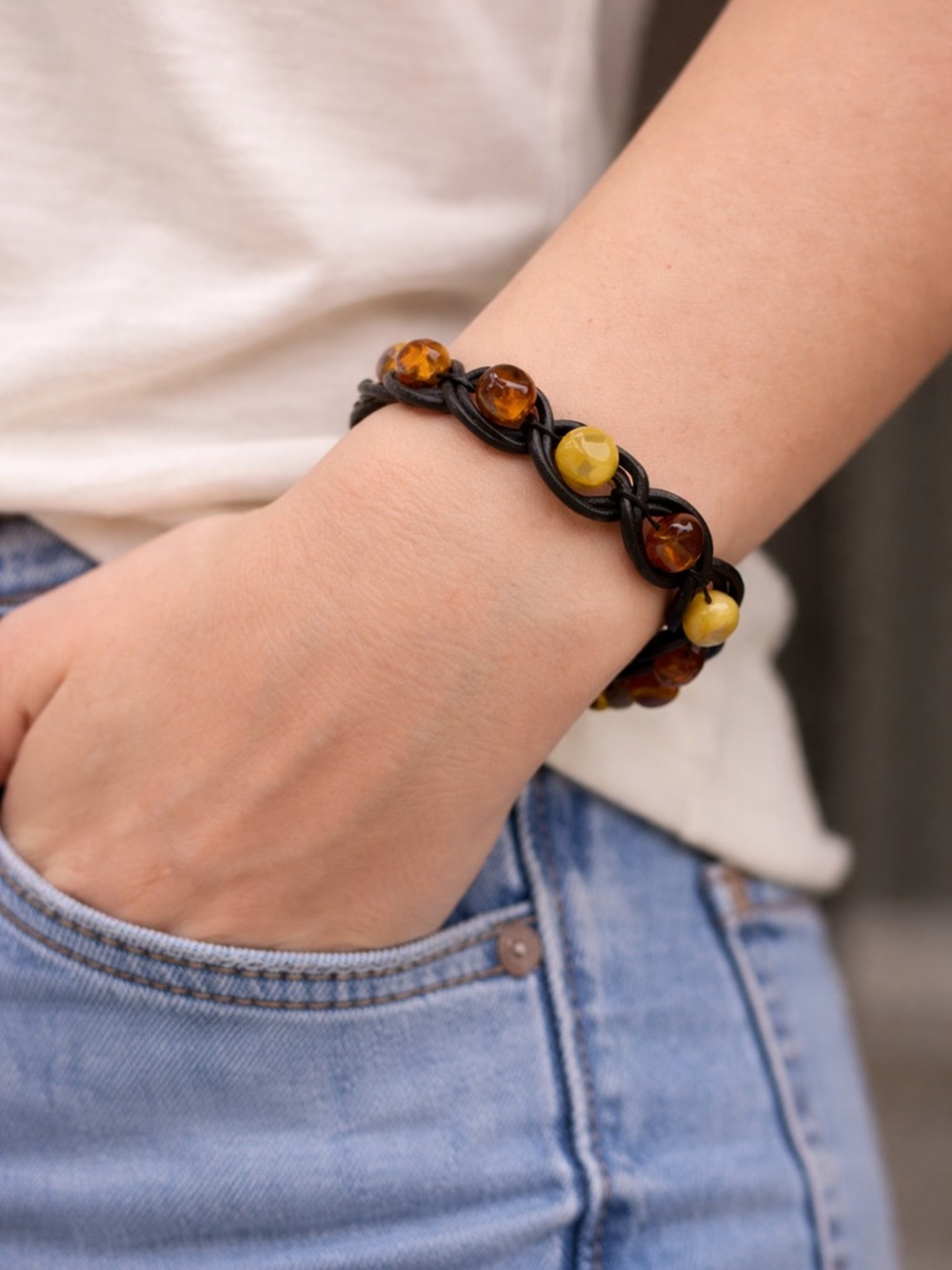 Handmade Baltic Amber Bead Leather Bracelet - Brown & Honey Yellow